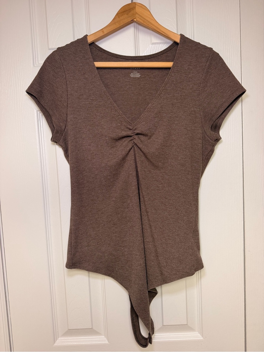 American Eagle Ruched V Neck Bodysuit Brown Ribbed Short Sleeve Fall Y2K Large